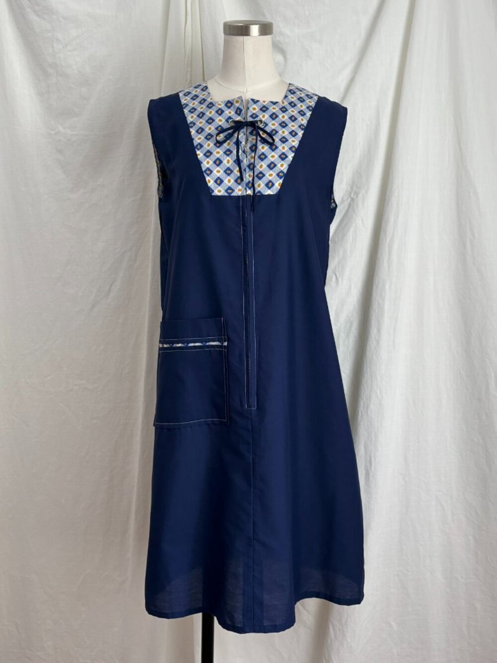 Vtg 60s 70s Navy Blue House Dress Coat Zip Front 20th Century Wear S Retro Mod